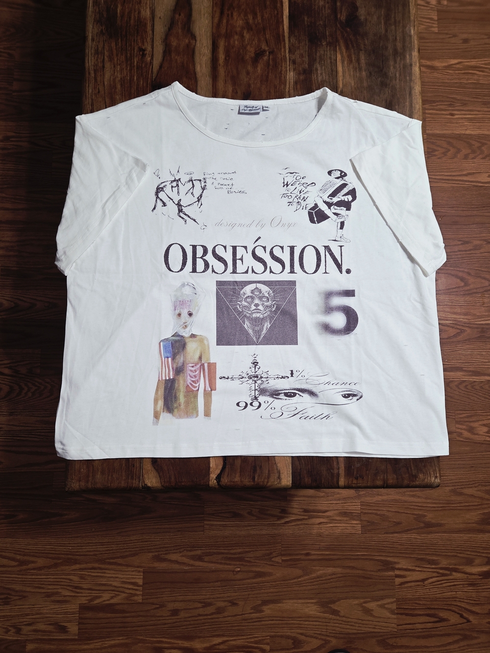 Onyx White 'OBSESSION' Men's Distressed Graphic Short Sleeve Tee. Size Medium